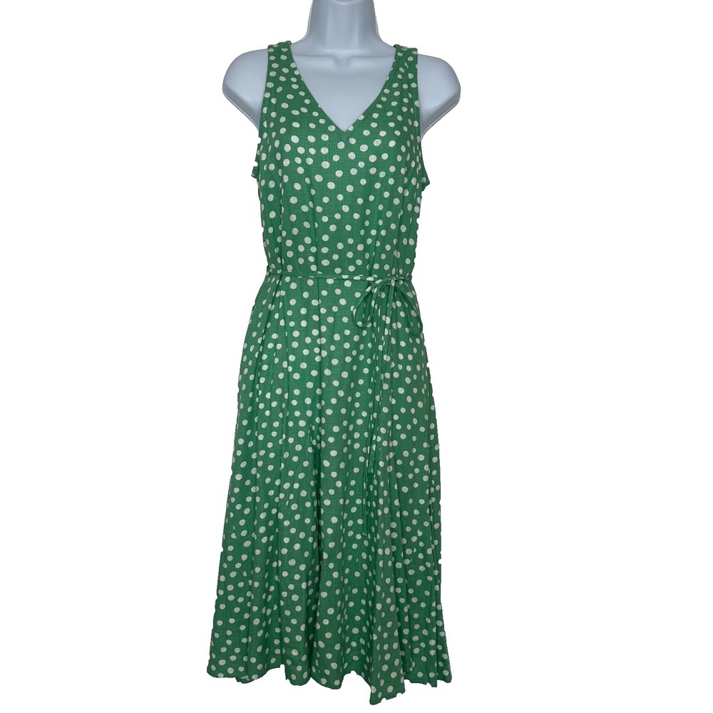 Loft Godet Double V Midi Dress Small Green Polka Dot